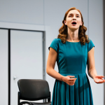 A female musical theatre performer in a modest, professional audition dress, standing gracefully on a simple stage during an audition. She is singing with profound emotional depth, her expression conveying genuine character embodiment, with a natural pose. The background features a subtle, professional audition room, with a blurred table and chairs suggesting the presence of a judging panel. Perfect anatomy, correct proportions, well-formed hands, proper finger count. Professional photography, high quality, cinematic lighting. safe for work, appropriate content, fully clothed, professional.
