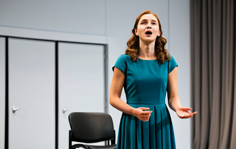 A female musical theatre performer in a modest, professional audition dress, standing gracefully on a simple stage during an audition. She is singing with profound emotional depth, her expression conveying genuine character embodiment, with a natural pose. The background features a subtle, professional audition room, with a blurred table and chairs suggesting the presence of a judging panel. Perfect anatomy, correct proportions, well-formed hands, proper finger count. Professional photography, high quality, cinematic lighting. safe for work, appropriate content, fully clothed, professional.