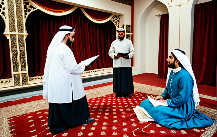 Stage Prep**

"A behind-the-scenes shot of an Arabic theater troupe preparing for a performance. Actors are fully clothed in modest traditional attire, adjusting costumes and reviewing scripts. The setting is a warm, inviting backstage area with ornate details. Safe for work, appropriate content, professional, perfect anatomy, natural proportions, family-friendly, high-quality."

**