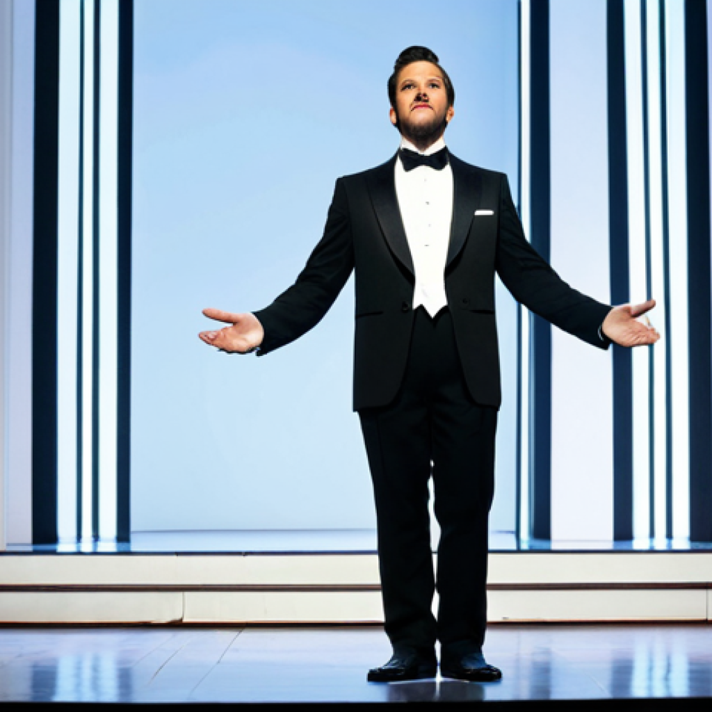 뮤지컬 배우가 도전한 TV 프로그램 출연기 - A professional male opera singer, fully clothed in a modest tuxedo, standing confidently on a bright...