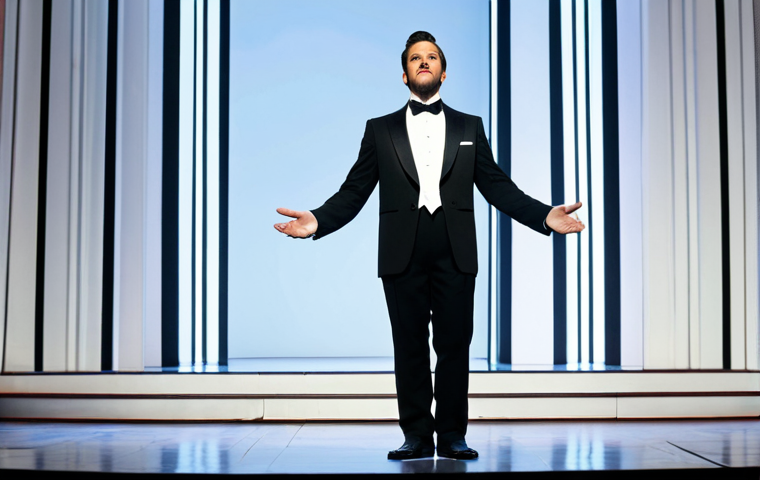 뮤지컬 배우가 도전한 TV 프로그램 출연기 - A professional male opera singer, fully clothed in a modest tuxedo, standing confidently on a bright...