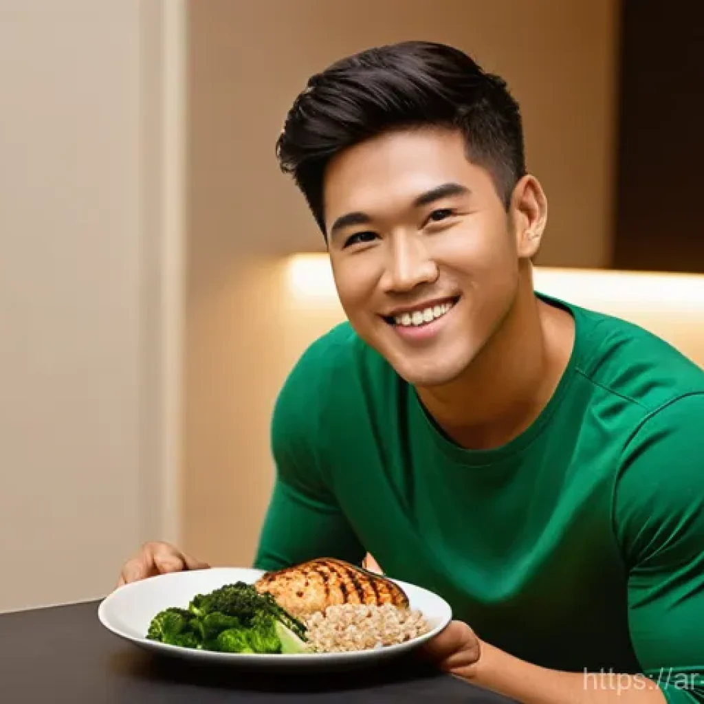 뮤지컬 배우의 공연 전 식단 관리 - **Prompt:** A musical theater performer, either male or female, is gracefully seated at a pristine b...