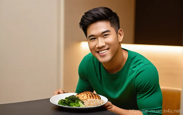 뮤지컬 배우의 공연 전 식단 관리 - **Prompt:** A musical theater performer, either male or female, is gracefully seated at a pristine b...