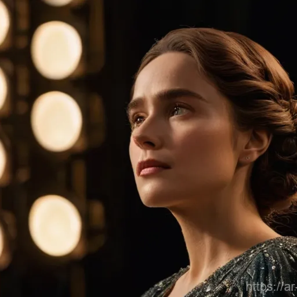 뮤지컬 배우의 무대 속 작은 팁 - **Character Immersion and Emotional Depth:**
    "A female actress stands alone on a dimly lit theat...