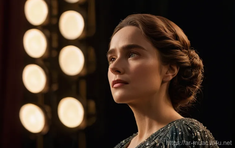 뮤지컬 배우의 무대 속 작은 팁 - **Character Immersion and Emotional Depth:**
"A female actress stands alone on a dimly lit theat...