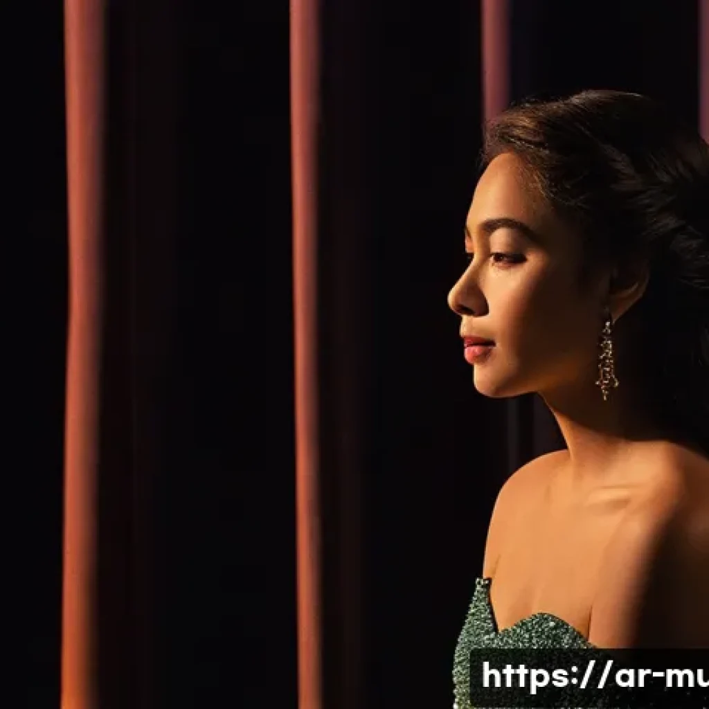 뮤지컬 배우의 감정 조절 팁 - **Prompt:** A young female singer, with dark, flowing hair, sitting calmly backstage in a dimly lit,...