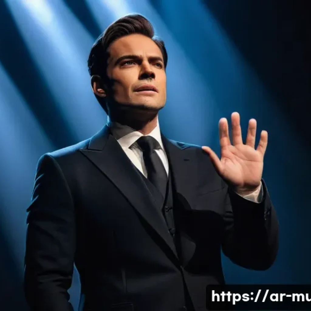 뮤지컬 배우가 알아야 할 저작권 지식 - A professional male actor on a dimly lit stage, bathed in a warm spotlight, delivering a captivating...