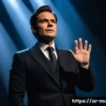 뮤지컬 배우가 알아야 할 저작권 지식 - A professional male actor on a dimly lit stage, bathed in a warm spotlight, delivering a captivating...