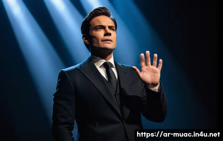 뮤지컬 배우가 알아야 할 저작권 지식 - A professional male actor on a dimly lit stage, bathed in a warm spotlight, delivering a captivating...