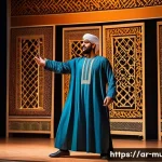 뮤지컬 배우의 연기 스타일 개발 - A male Arabic stage actor performing a dramatic musical theatre scene on a traditional Middle Easter...