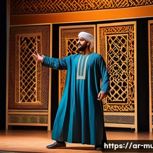 뮤지컬 배우의 연기 스타일 개발 - A male Arabic stage actor performing a dramatic musical theatre scene on a traditional Middle Easter...