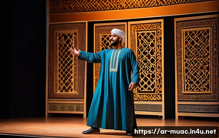 뮤지컬 배우의 연기 스타일 개발 - A male Arabic stage actor performing a dramatic musical theatre scene on a traditional Middle Easter...