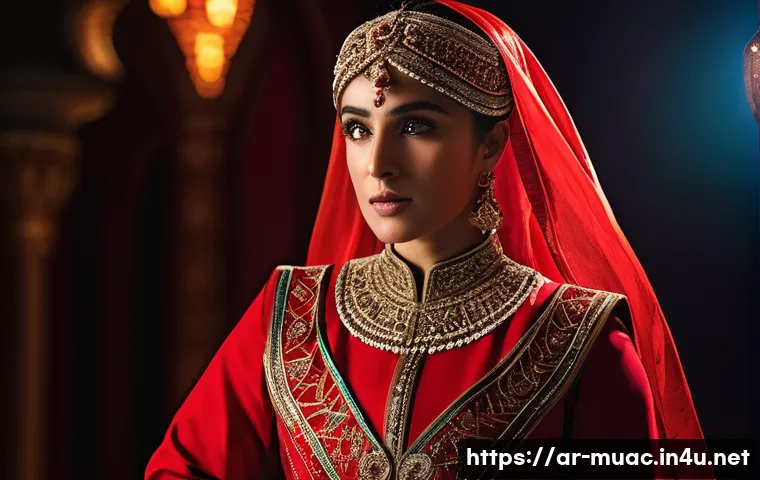 뮤지컬 배우와 의상 디자이너의 협력 - A theatrical costume featuring vibrant red fabrics symbolizing power and anger, designed with lightw...