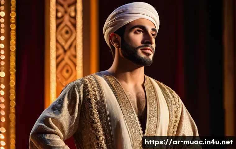 뮤지컬 배우 크리에이티브 프로세스 - A detailed portrait of a Middle Eastern male musical theater actor in traditional stage makeup and e...
