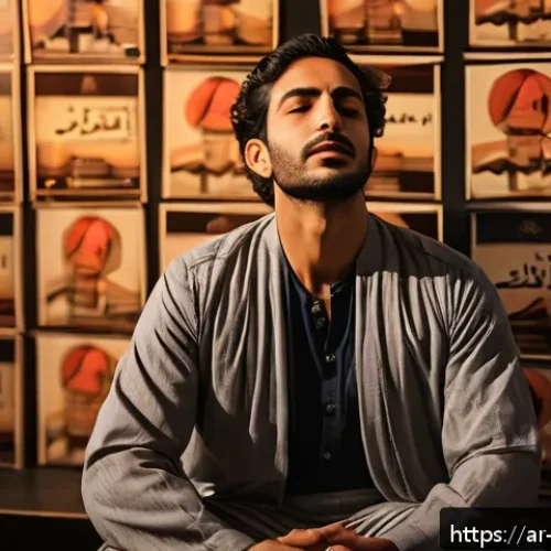 뮤지컬 배우의 공연 전후 셀프케어 - A focused Middle Eastern male actor in traditional casual attire practicing deep breathing exercises...