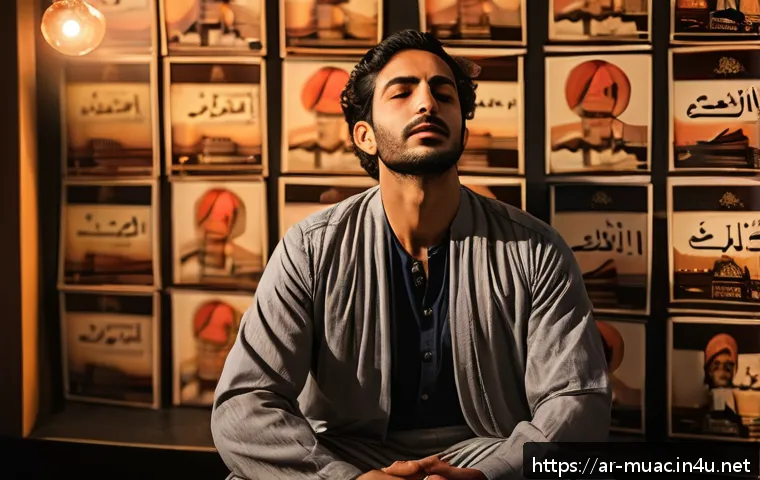 뮤지컬 배우의 공연 전후 셀프케어 - A focused Middle Eastern male actor in traditional casual attire practicing deep breathing exercises...