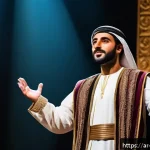 뮤지컬 배우 무대 매너와 에티켓 - A confident Arab male actor standing on a traditional theater stage, dressed in elegant, culturally ...
