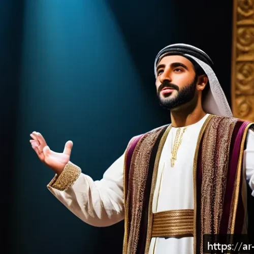 뮤지컬 배우 무대 매너와 에티켓 - A confident Arab male actor standing on a traditional theater stage, dressed in elegant, culturally ...