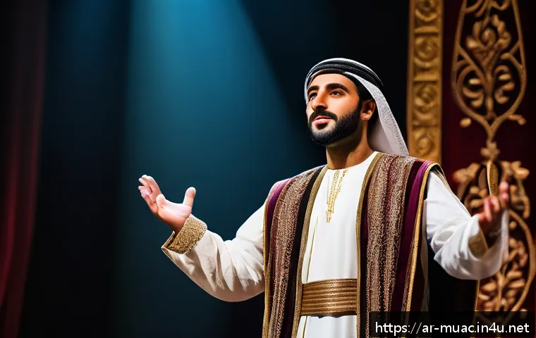 뮤지컬 배우 무대 매너와 에티켓 - A confident Arab male actor standing on a traditional theater stage, dressed in elegant, culturally ...