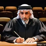 뮤지컬 배우의 심사위원 경험담 - A professional Middle Eastern musical theater judge sitting at a judging panel in an elegant auditor...