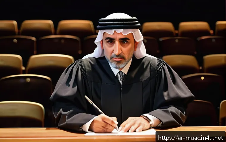 뮤지컬 배우의 심사위원 경험담 - A professional Middle Eastern musical theater judge sitting at a judging panel in an elegant auditor...