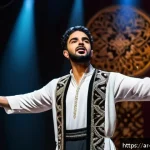 뮤지컬 배우 이직 성공 전략 - A professional Arab male musical theater actor rehearsing on stage in traditional Middle Eastern ins...