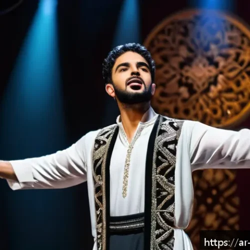 뮤지컬 배우 이직 성공 전략 - A professional Arab male musical theater actor rehearsing on stage in traditional Middle Eastern ins...