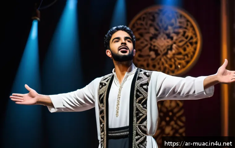 뮤지컬 배우 이직 성공 전략 - A professional Arab male musical theater actor rehearsing on stage in traditional Middle Eastern ins...
