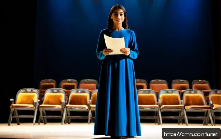 뮤지컬 배우가 들려주는 자기 성장 이야기 - Photorealistic Arab musical theatre actress standing alone on a softly lit stage after rehearsal, mo...