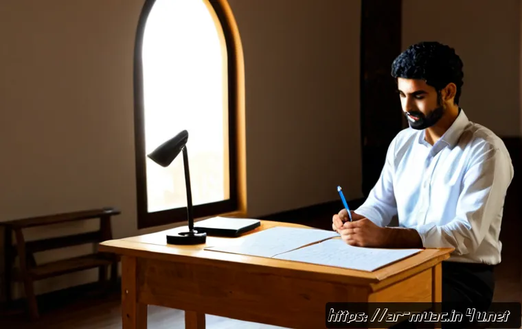 뮤지컬 배우의 스토리 보드 작업법 - Photorealistic Middle Eastern musical theater actor seated at a tidy wooden desk, arranging hand-dra...